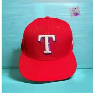 New Era Texas Rangers MLB Fitted Baseball Cap Red Flat Brim Size 7 1/2